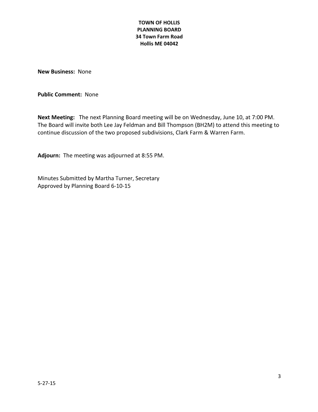 Minutes of Planning Board Meeting 27 May 2015