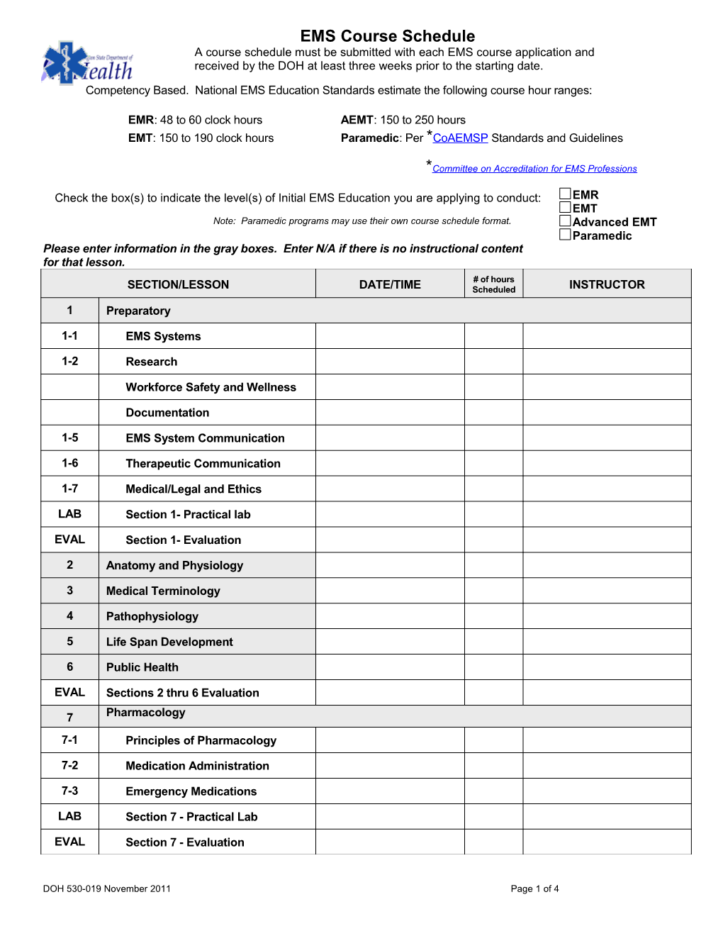 EMS Course Schedule