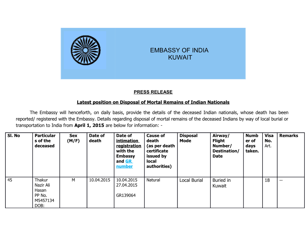 Latest Position on Disposal of Mortal Remains of Indian Nationals s1