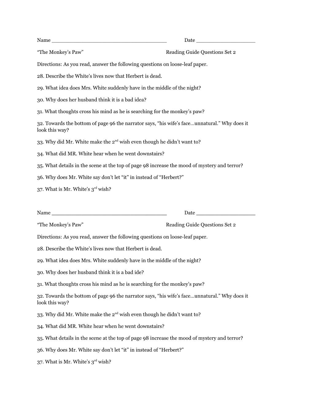 The Monkey S Paw Reading Guide Questions Set 2