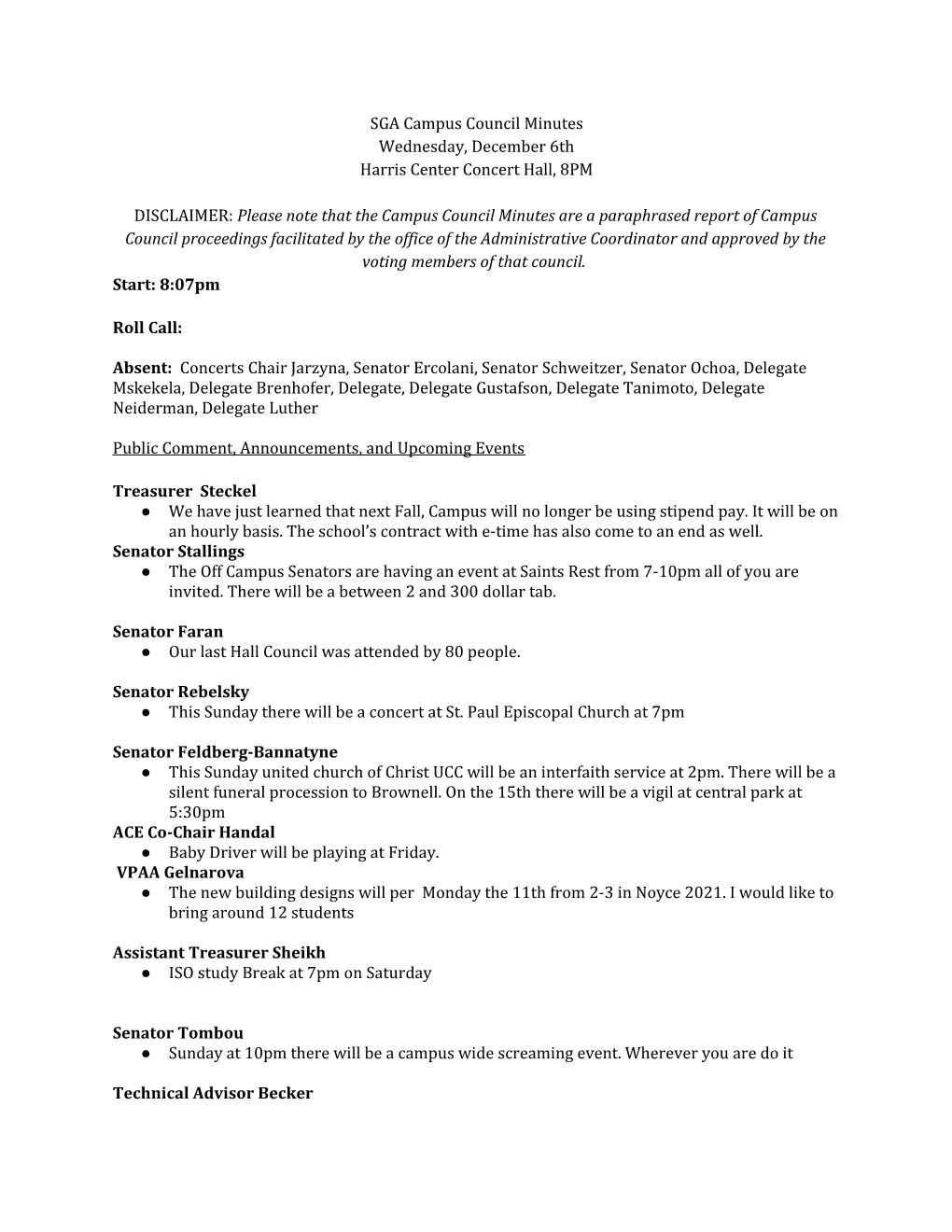 SGA Campus Council Minutes