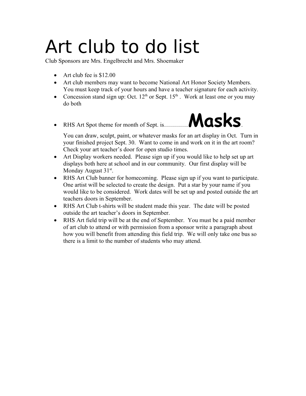 Art Club to Do List