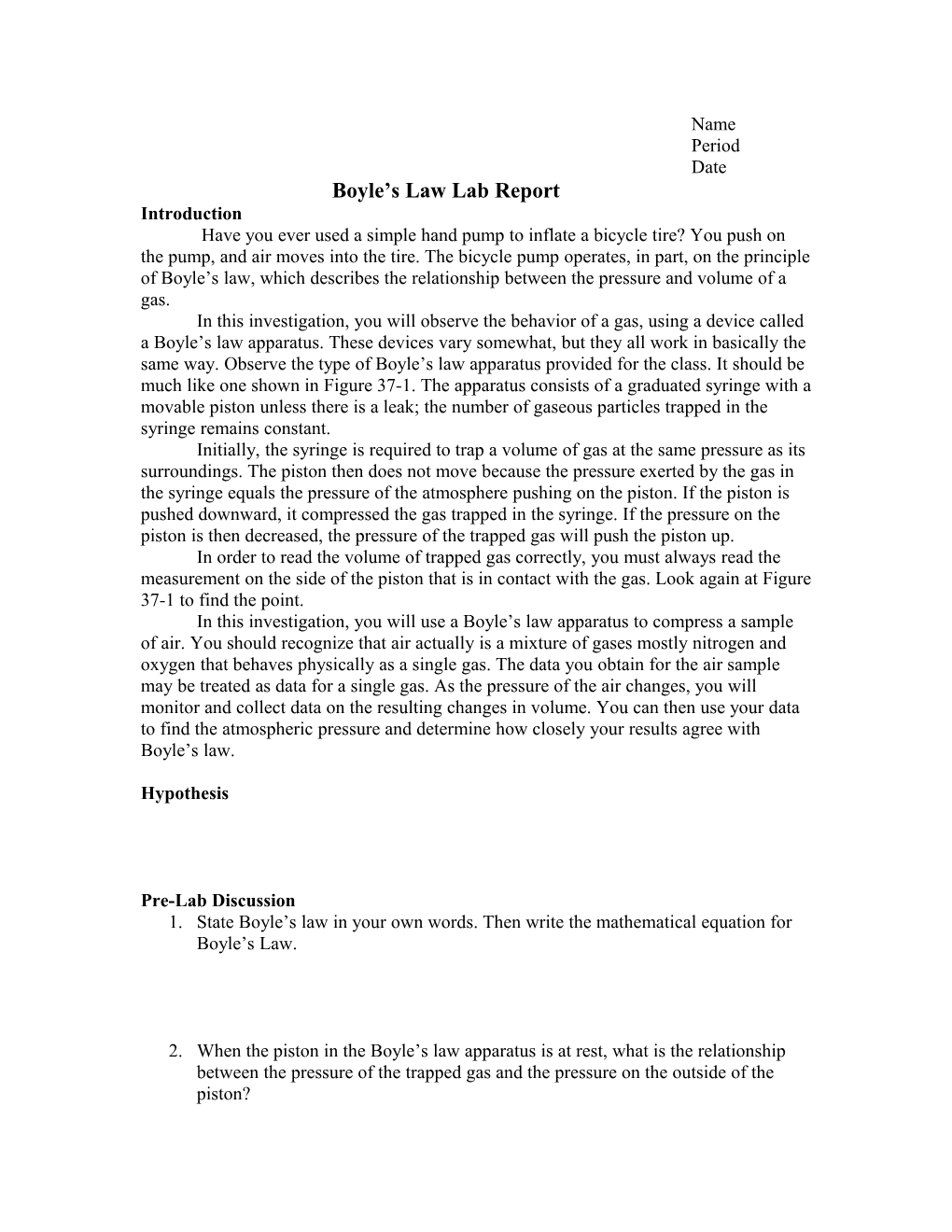 Boyle S Law Lab Report