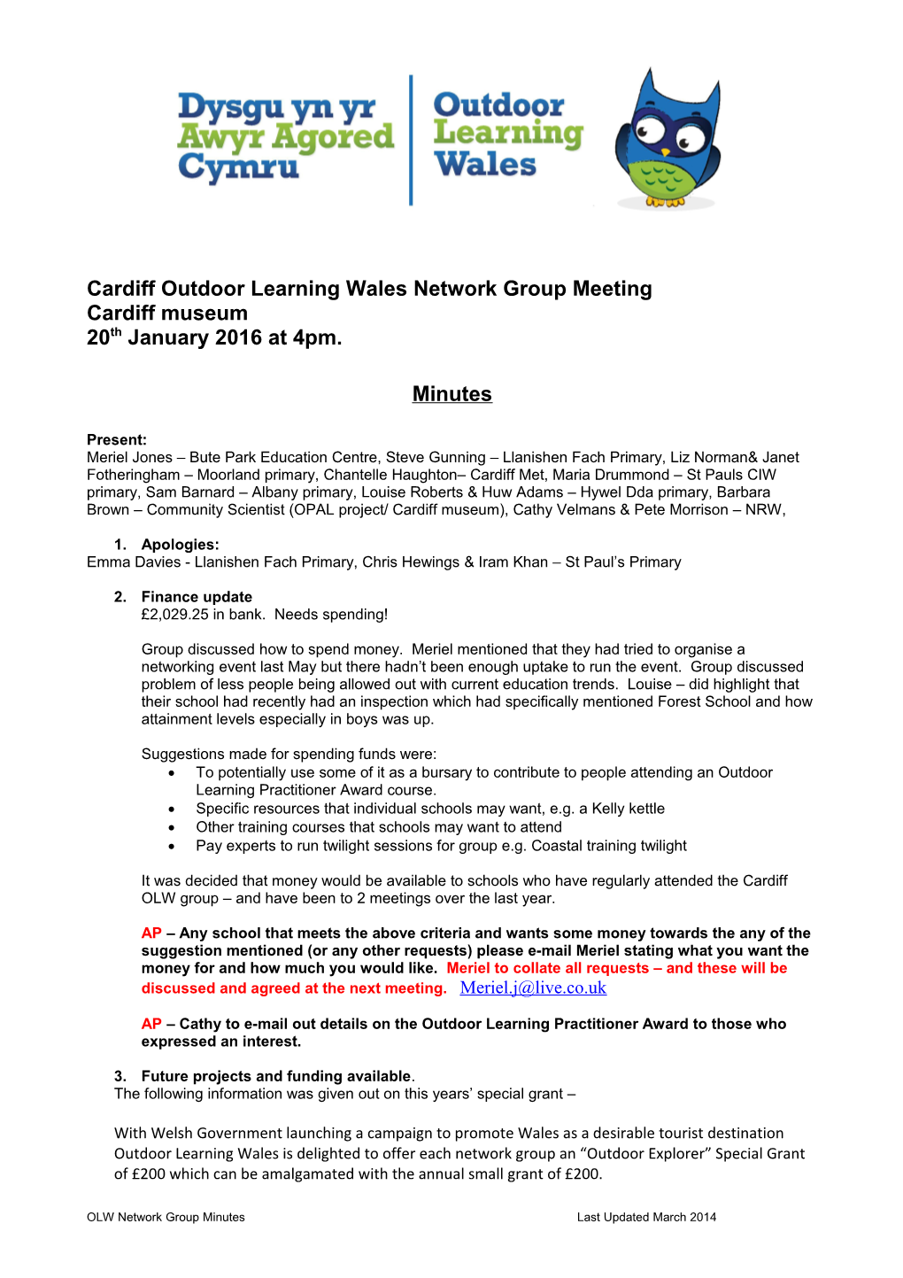 Cardiff Outdoor Learning Wales Network Group Meeting