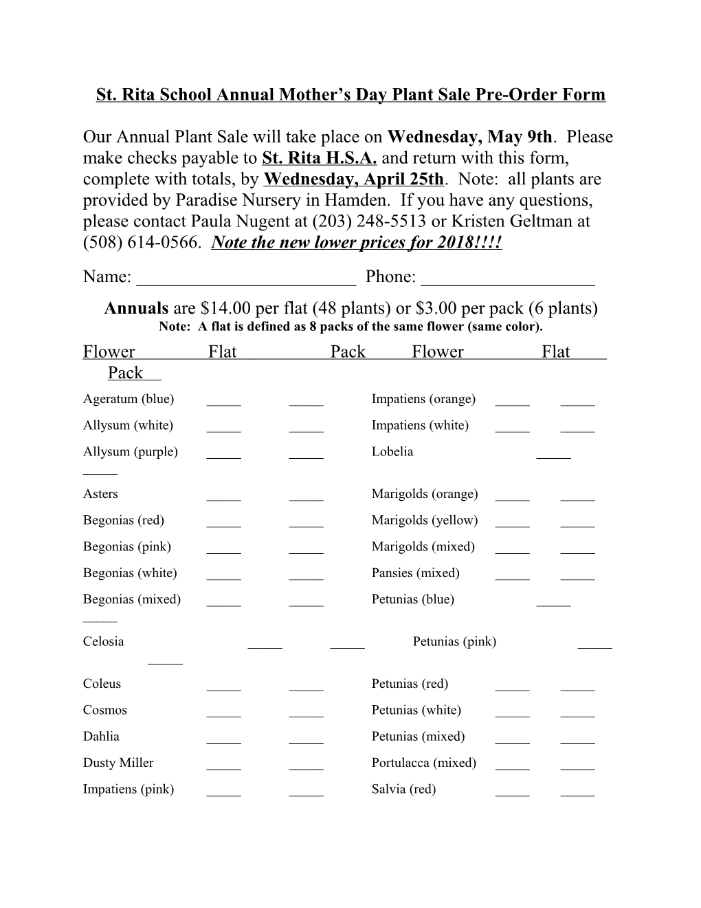 St. Rita School Annual Mother S Day Plant Salepre-Order Form