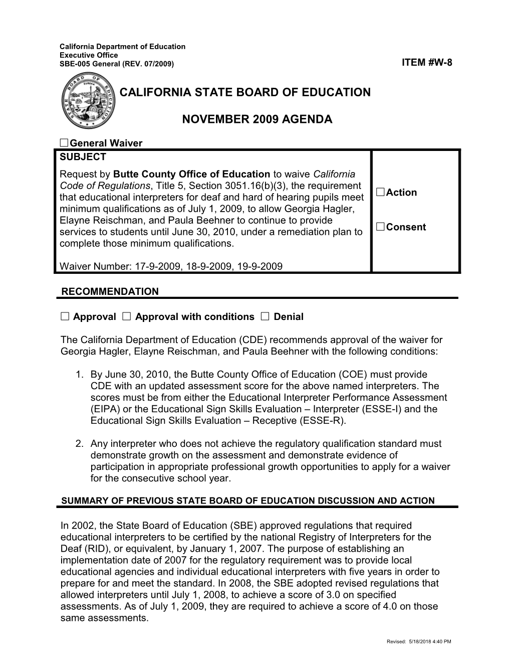 November 2009 Waiver Item W8 - Meeting Agendas (CA State Board of Education)