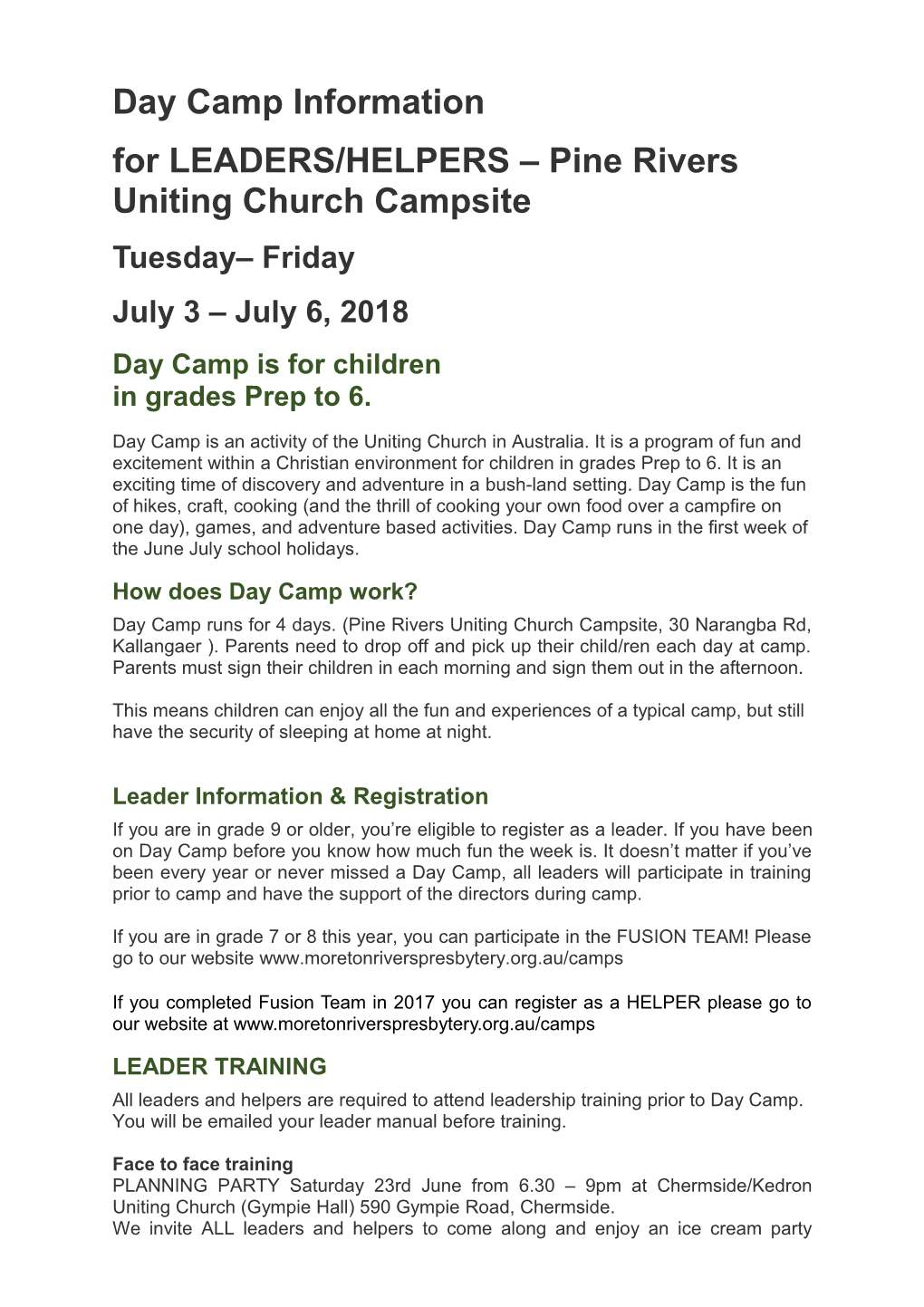 For LEADERS/HELPERS Pine Rivers Uniting Church Campsite