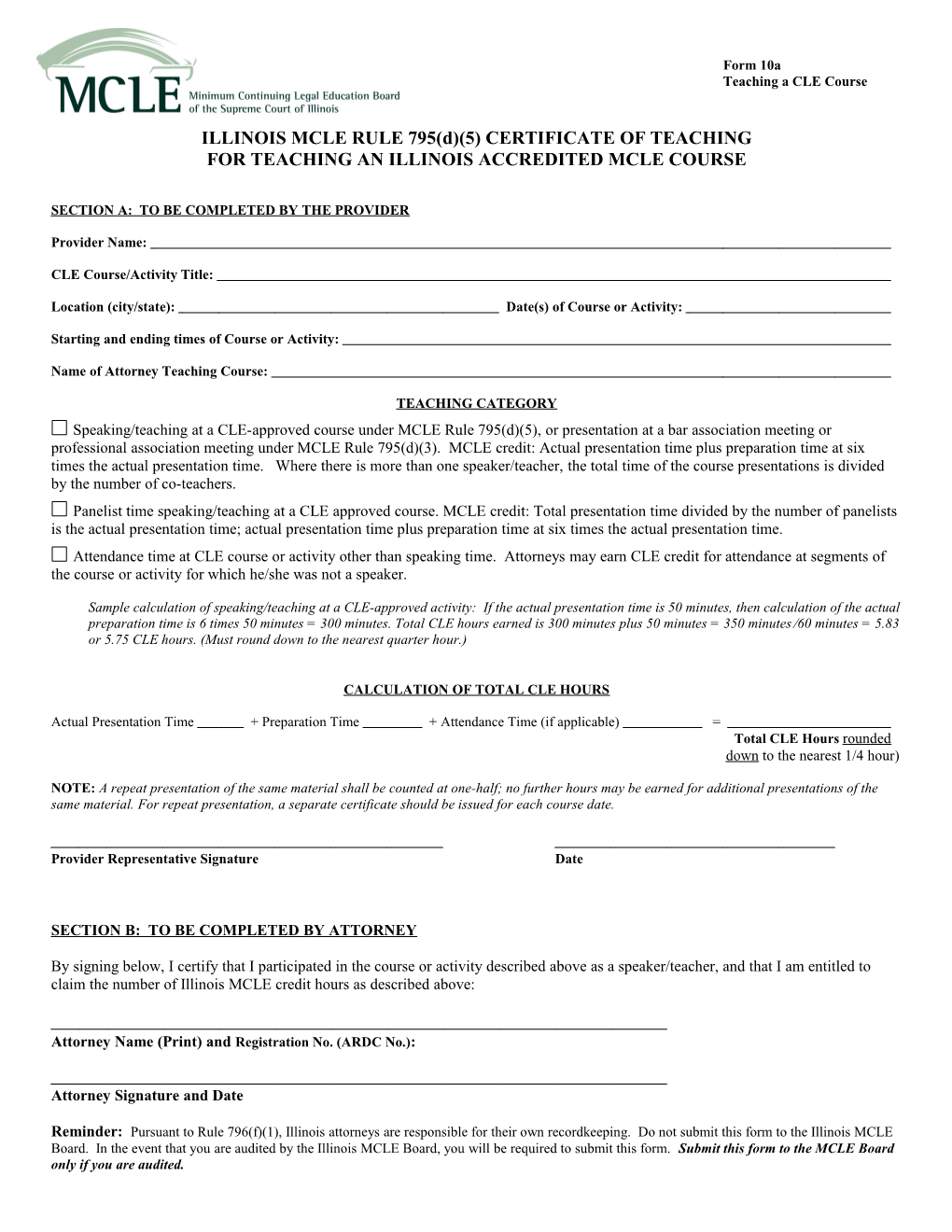 Illinois Mcle RULE 795(D)(5) Certificate of Teaching