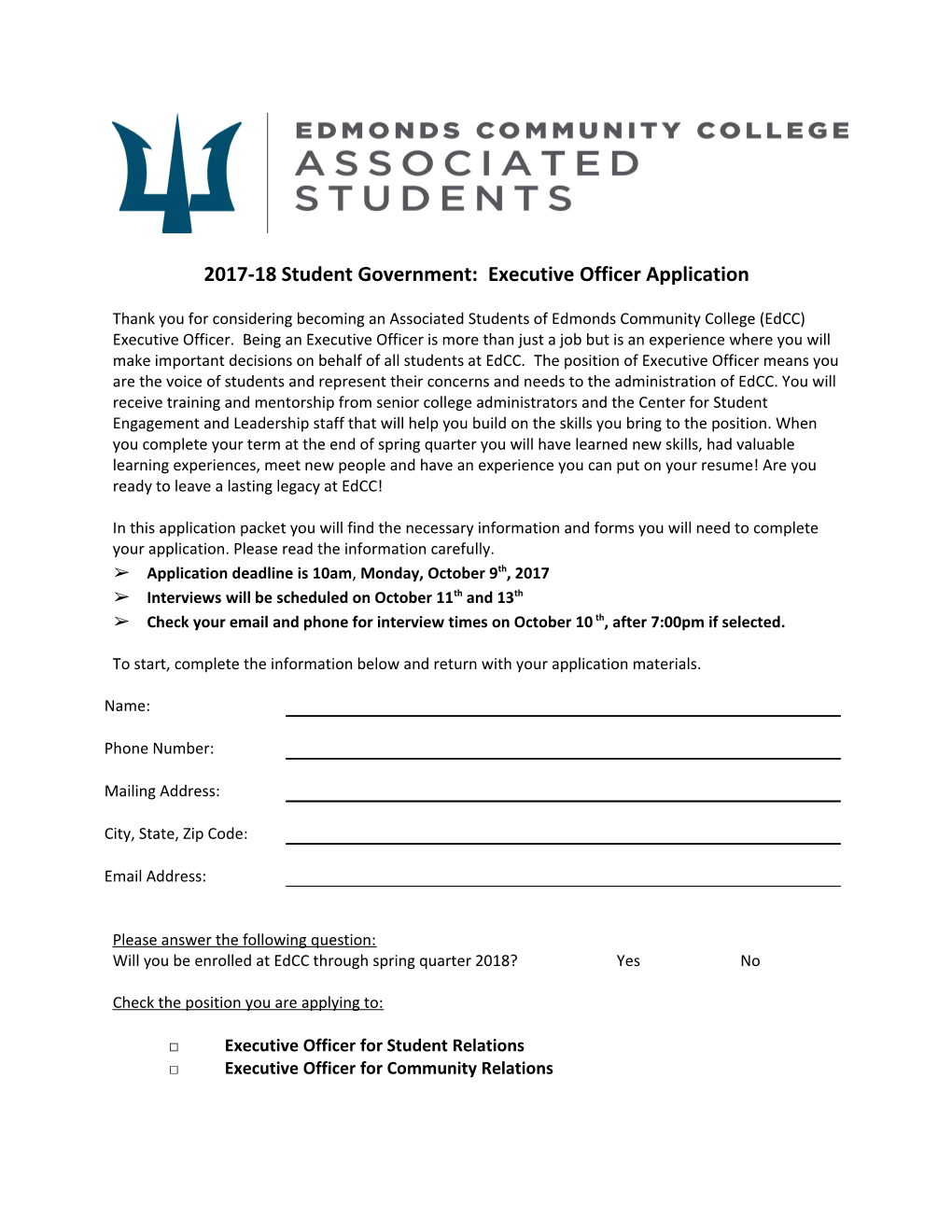 2017-18 Student Government: Executive Officer Application