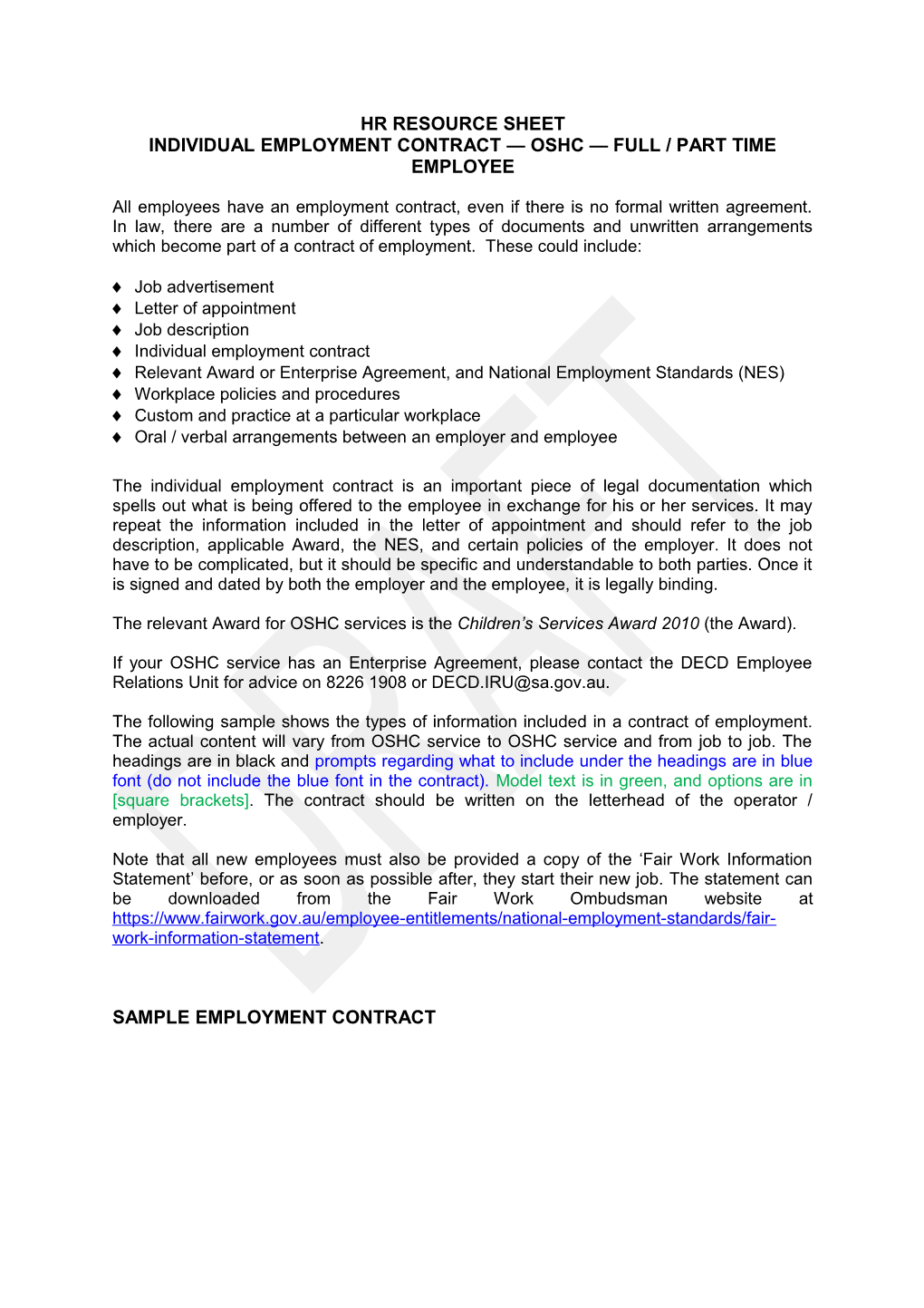 HR Resource Sheet - the Employment Contract, Canteens