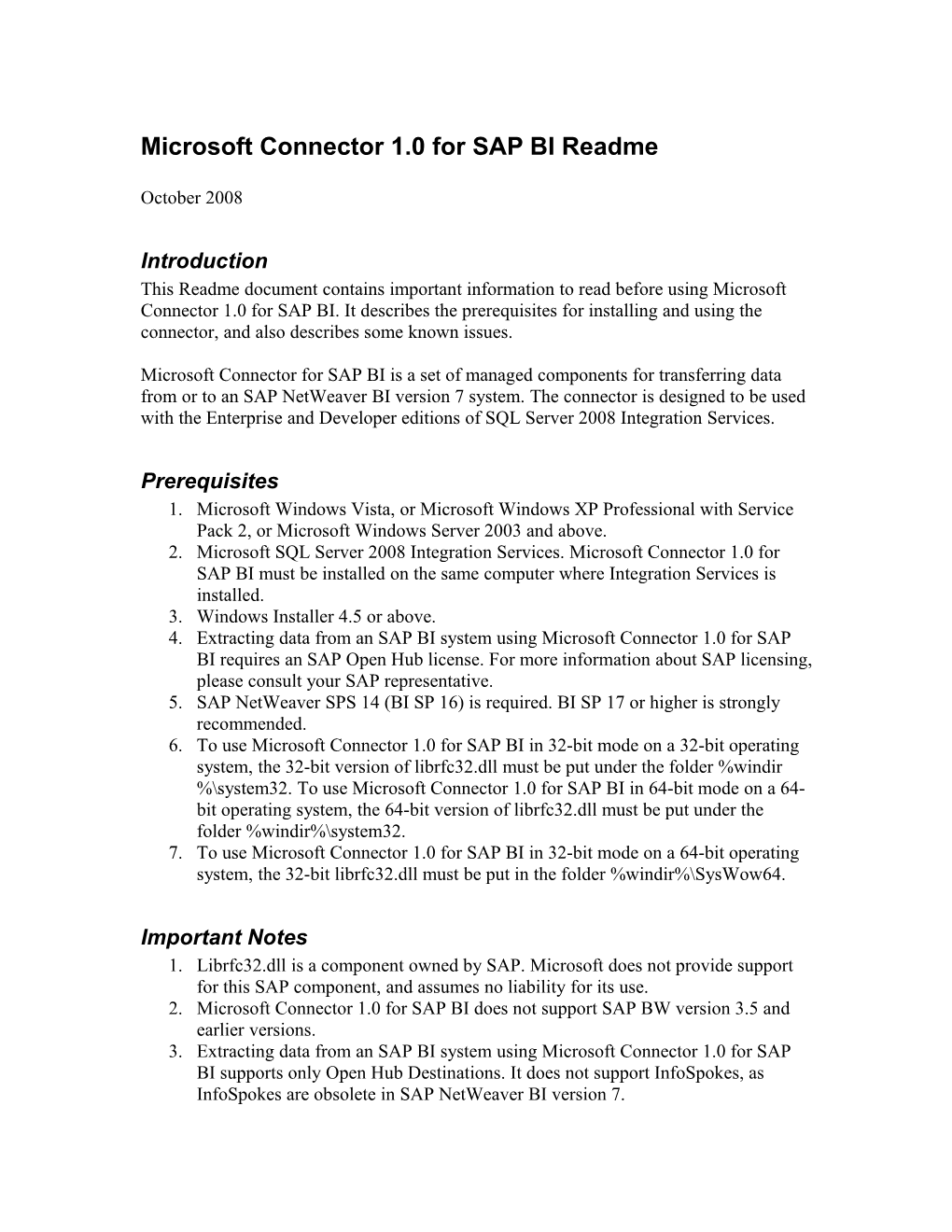 Microsoft Connector 1.0 for SAP BI Readme