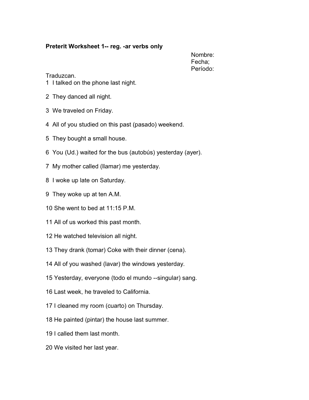 Preterit Worksheet 1 Reg