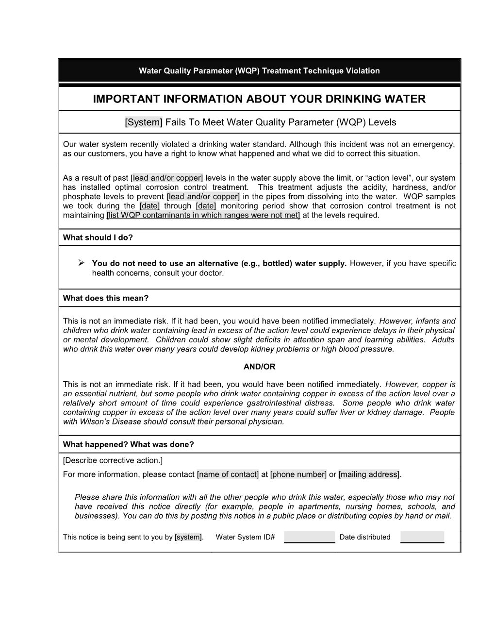 Water Quality Parameter (WQP) Treatment Technique Violation