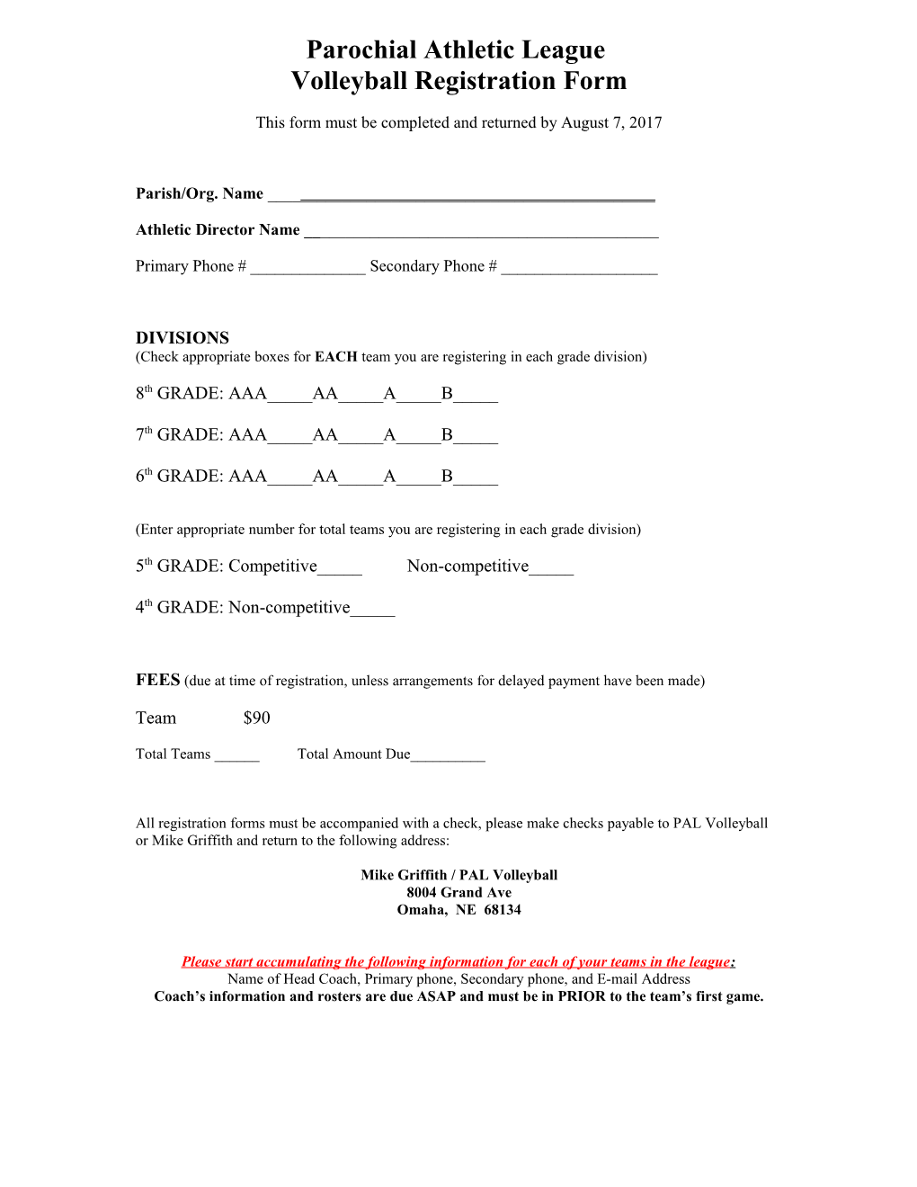 South Omaha Saints League Registration Form 1999