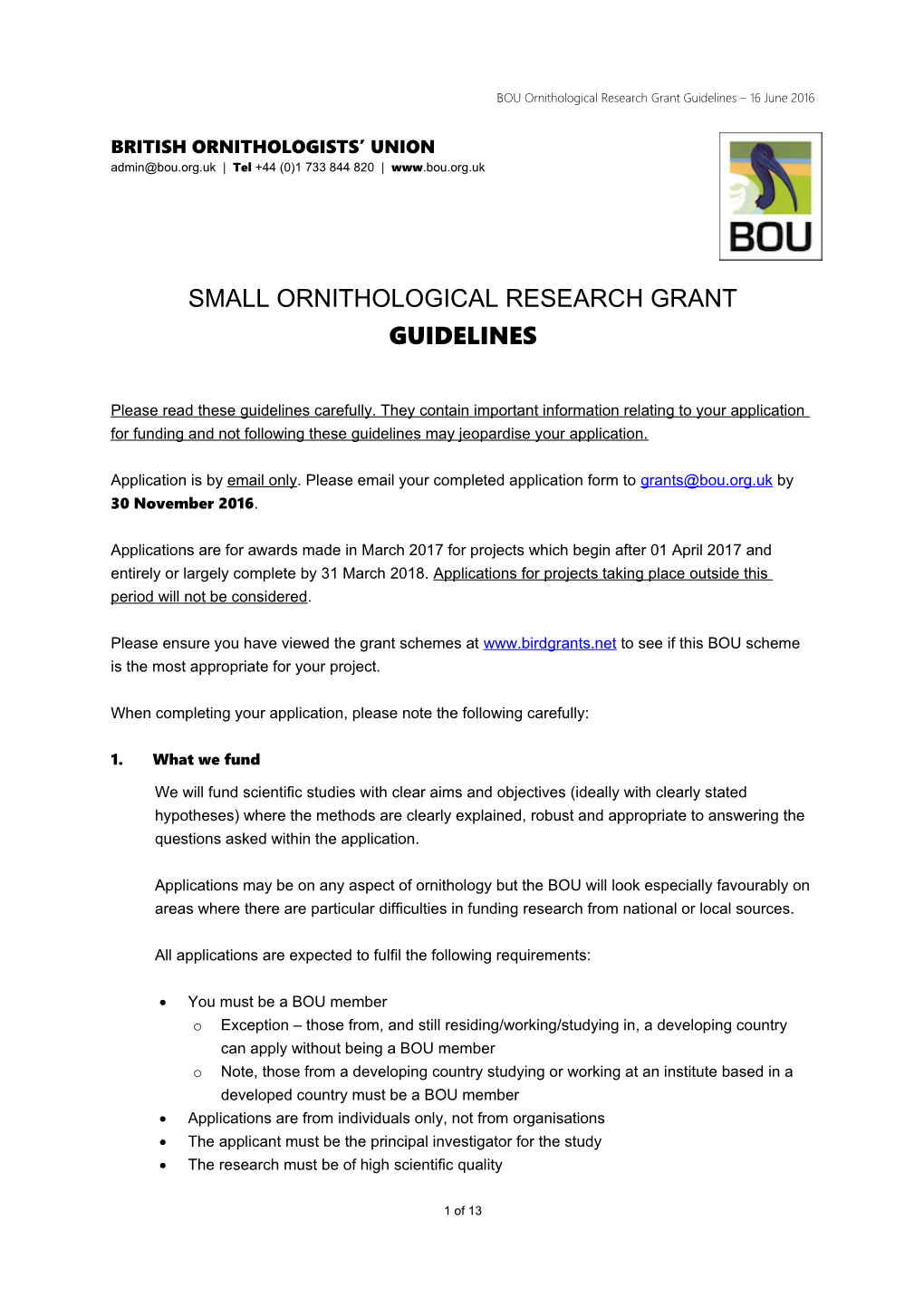BOU Ornithological Research Grant Guidelines 16 June 2016