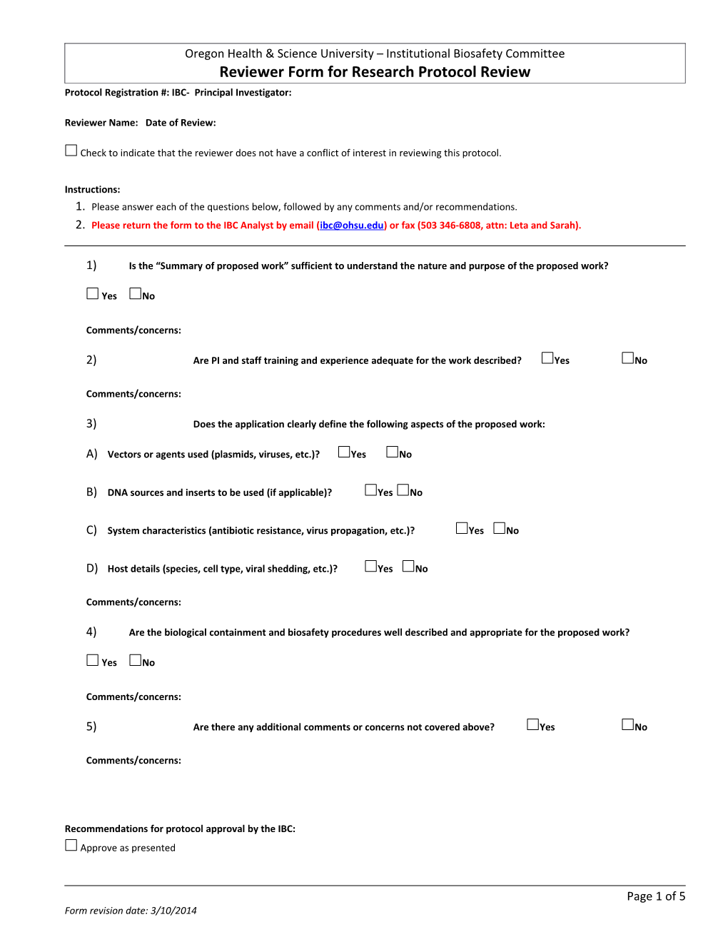 Reviewer Form for Research Protocol Review