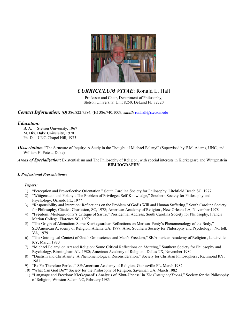 CURRICULUM VITAE: Ronald L. Hall