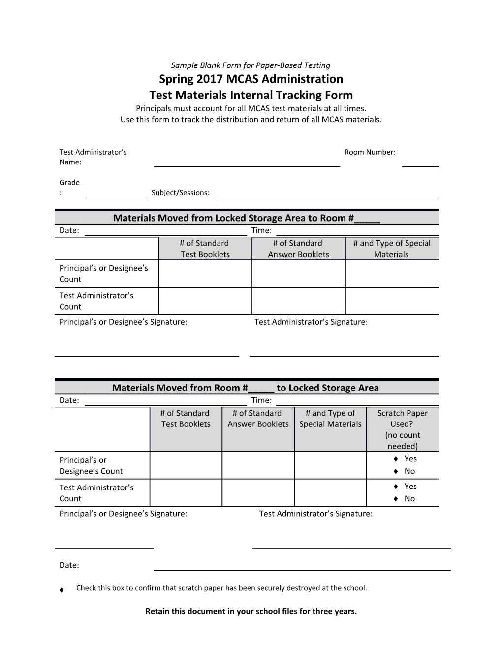 Test Materials Internal Tracking Form Spring 2017