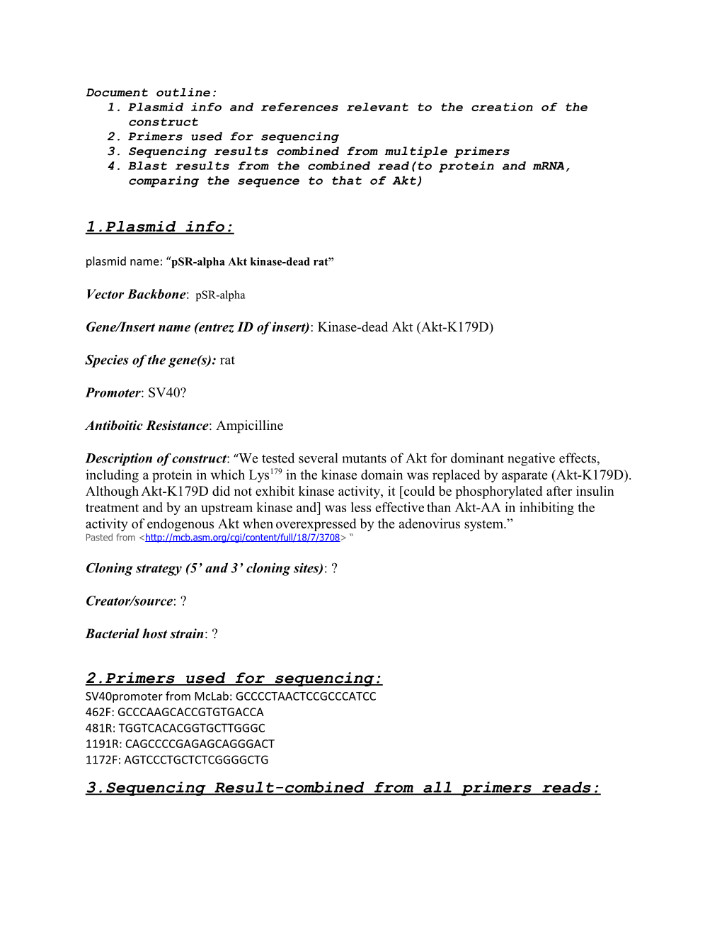 1. Plasmid Info and References Relevant to the Creation of the Construct