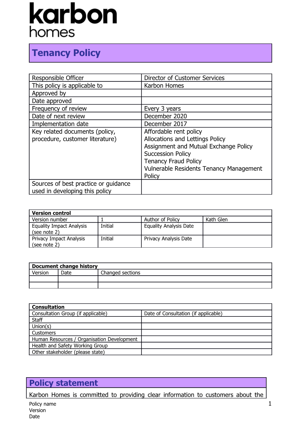 Draft Karbon Homes Policy Template V1a