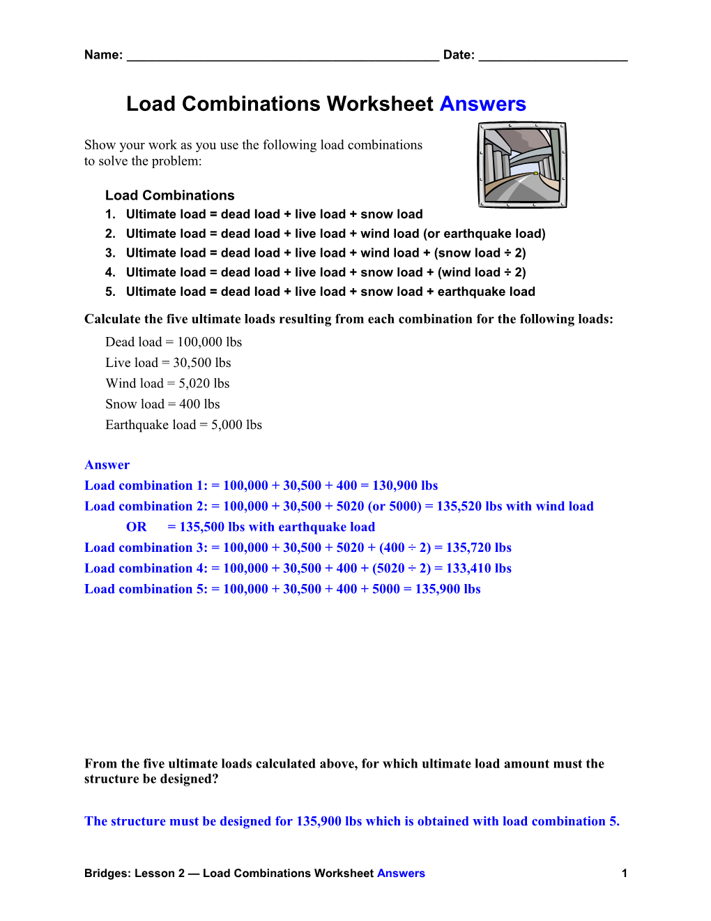 Load Combinations Worksheet Answers