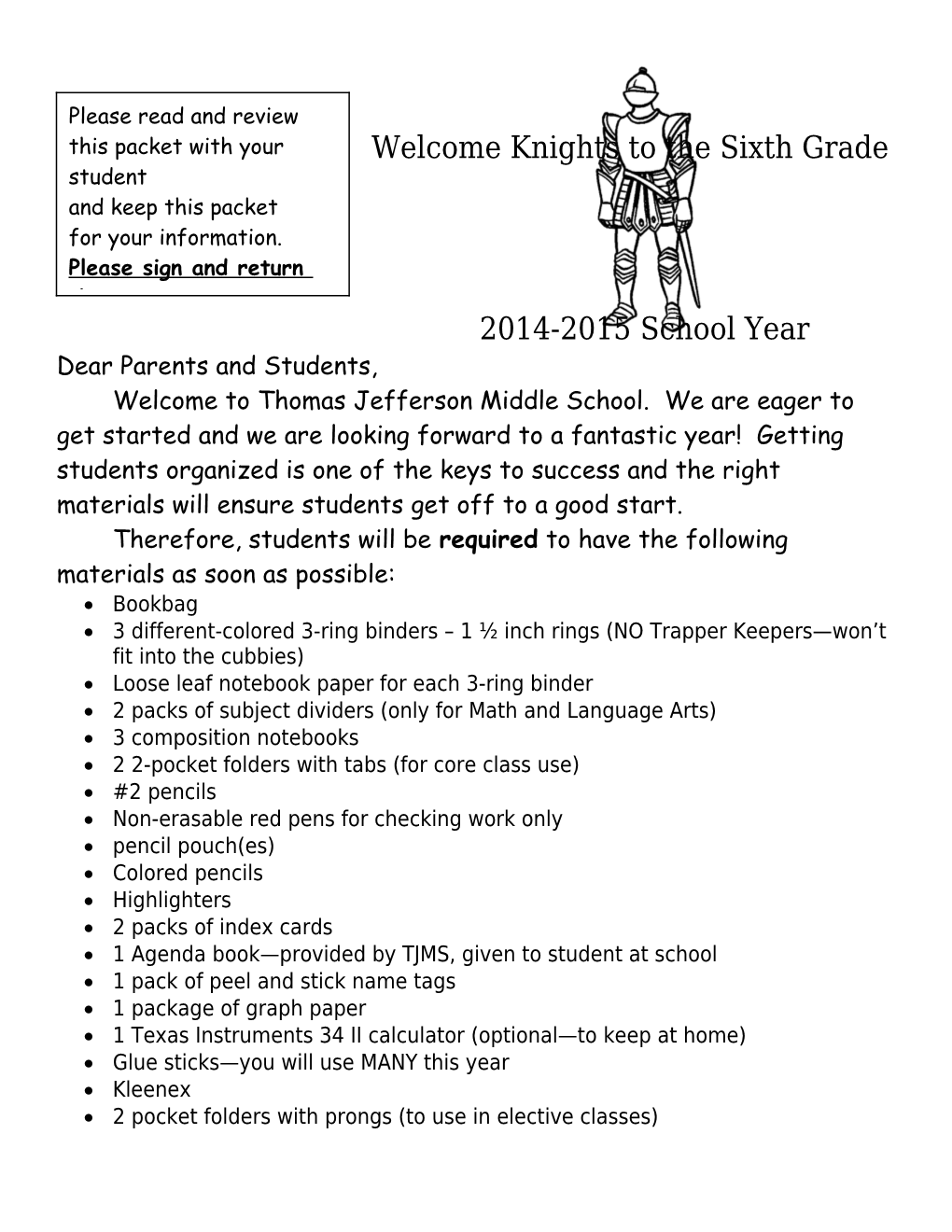 Welcome Knights to the Sixth Grade