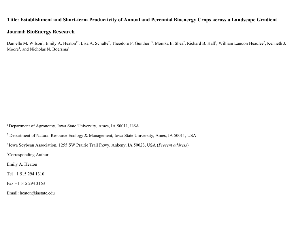 Title: Establishment and Short-Term Productivity of Annual and Perennial Bioenergy Crops