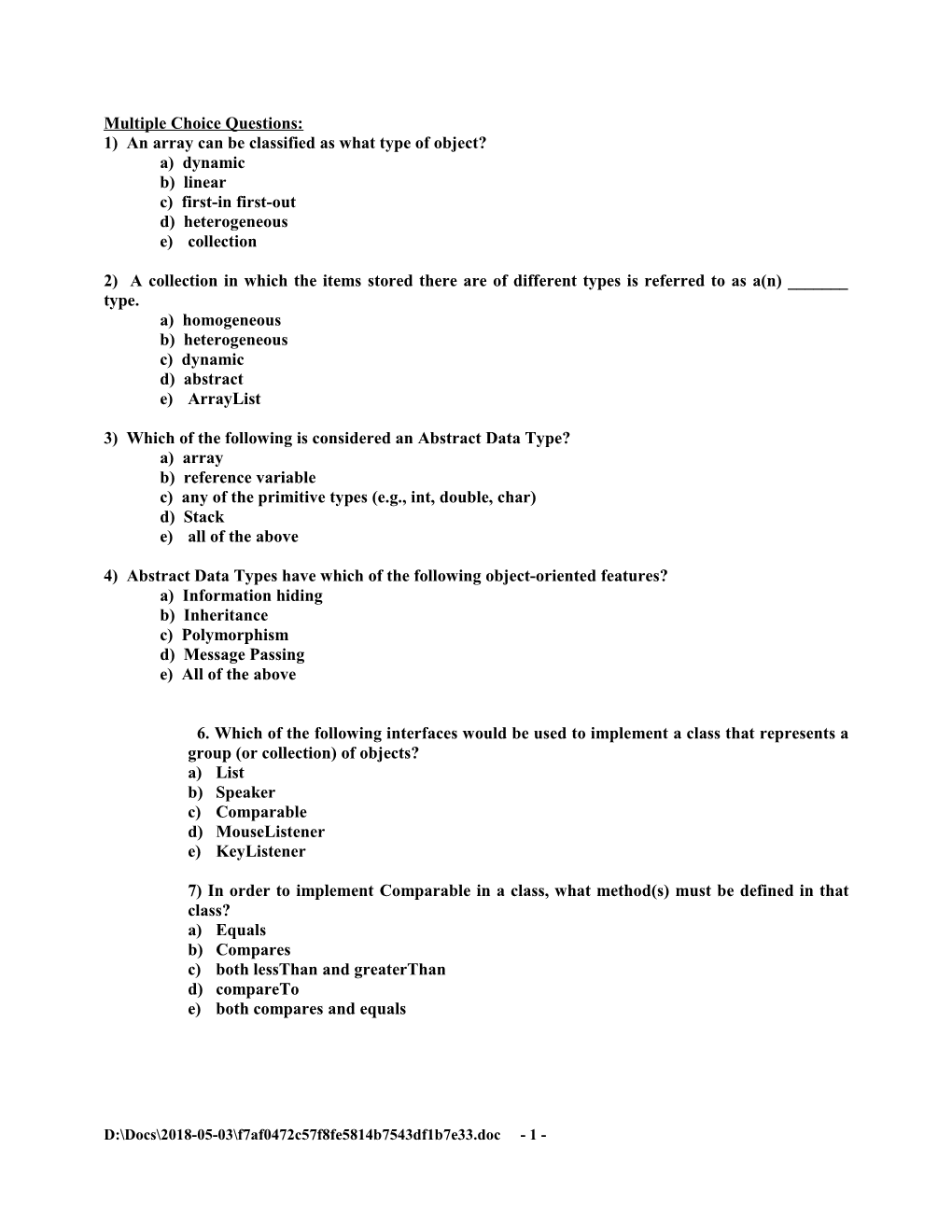 1) an Array Can Be Classified As What Type of Object?