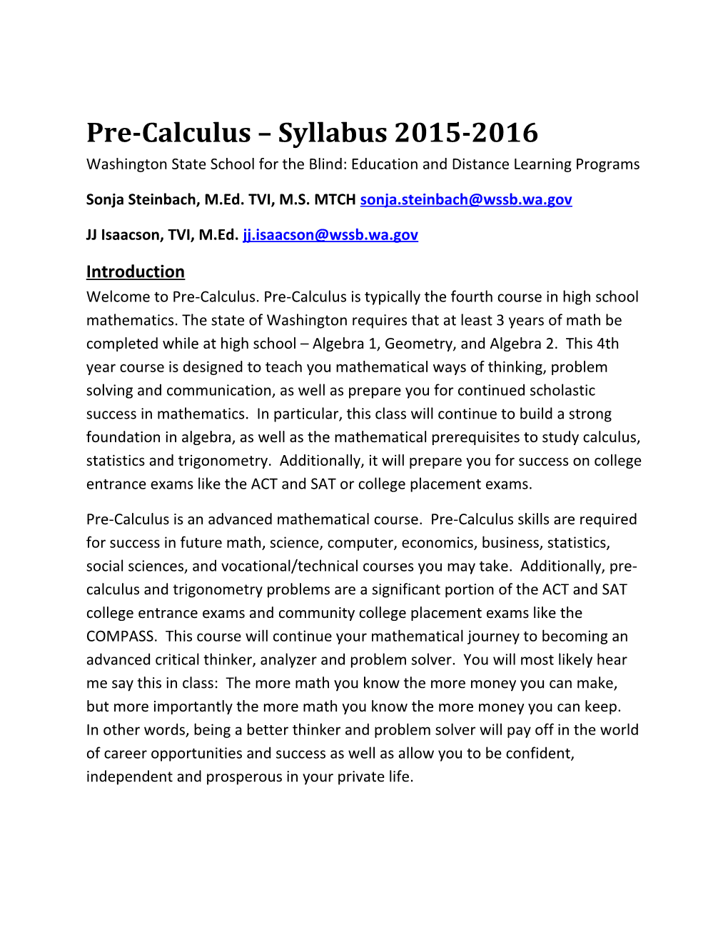 Pre-Calculus Syllabus 2015-2016