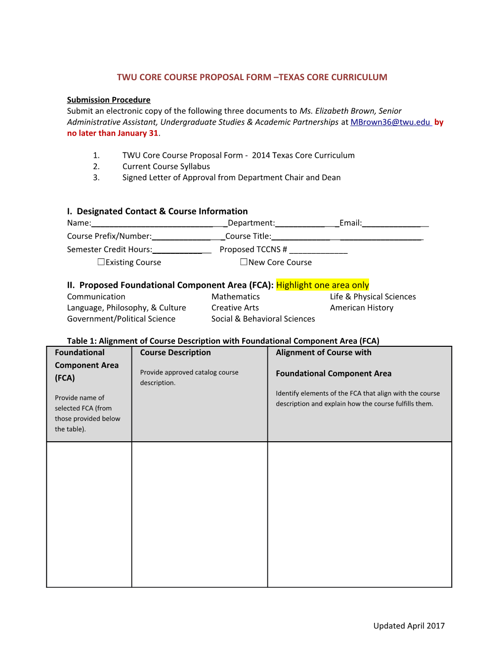 Twu Core Course Proposal Form Texas Core Curriculum