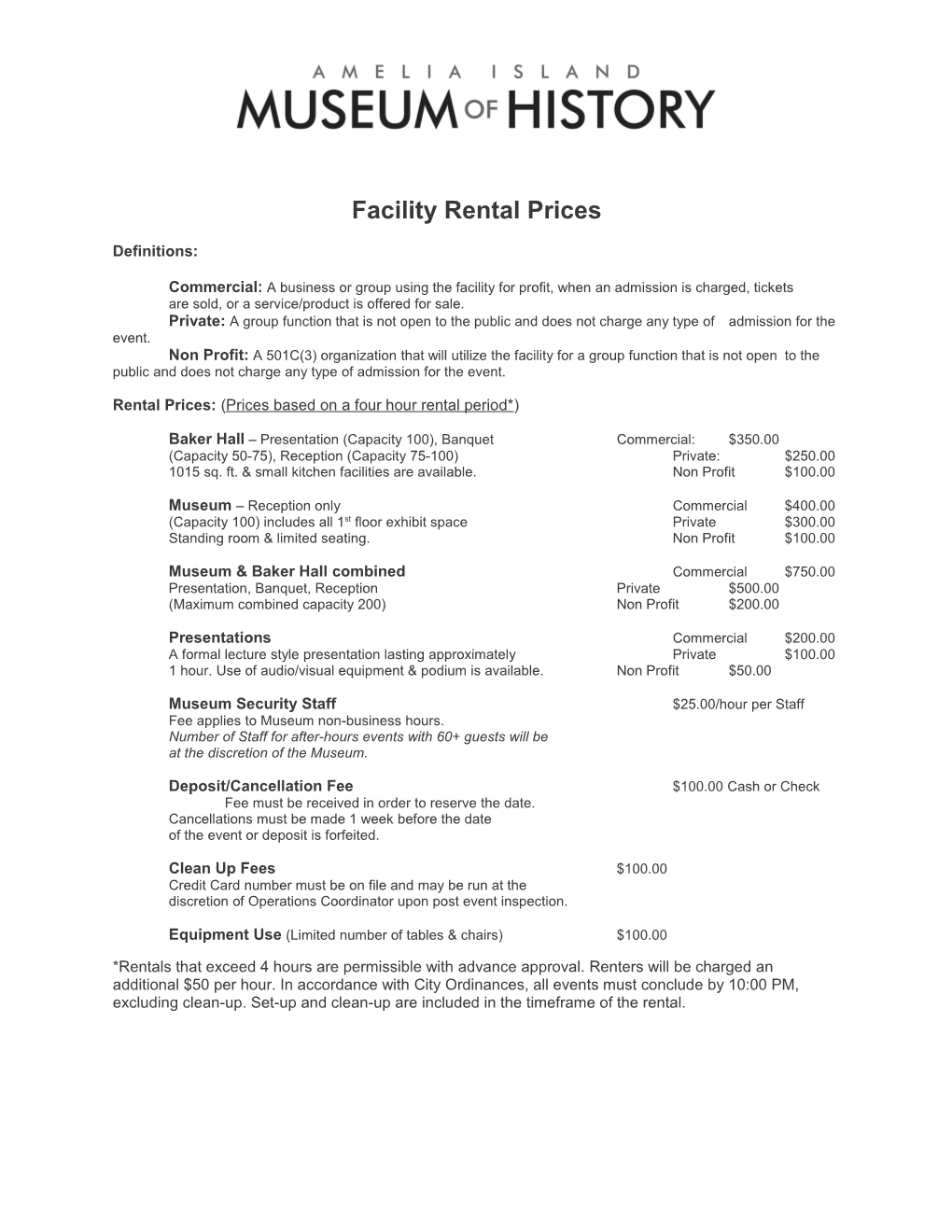 Facility Rental Prices