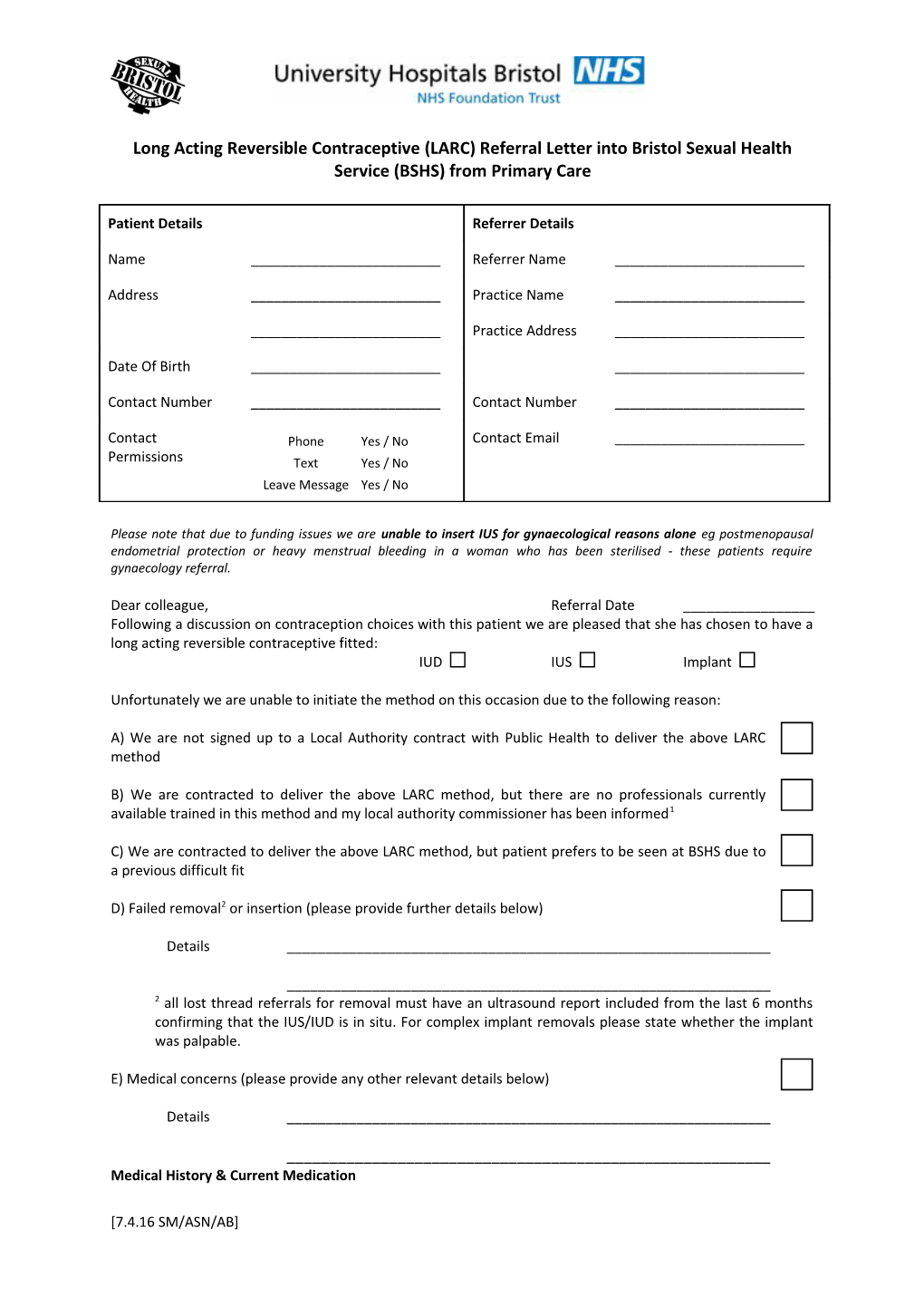 Long Acting Reversible Contraceptive Referral Letter