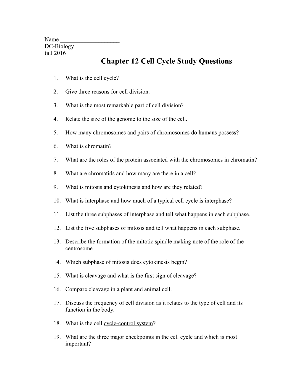 Chapter 12 Cell Cycle Study Questions
