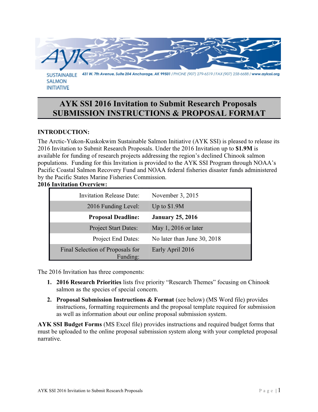 AYK SSI 2016 Invitation to Submit Research Proposals