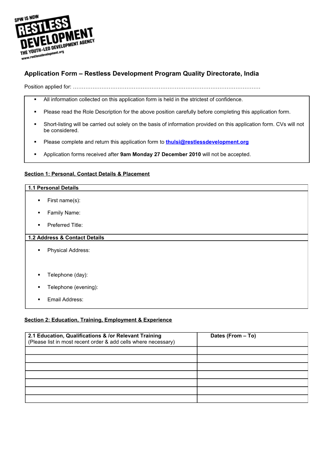 Application Form Restless Development Program Quality Directorate, India