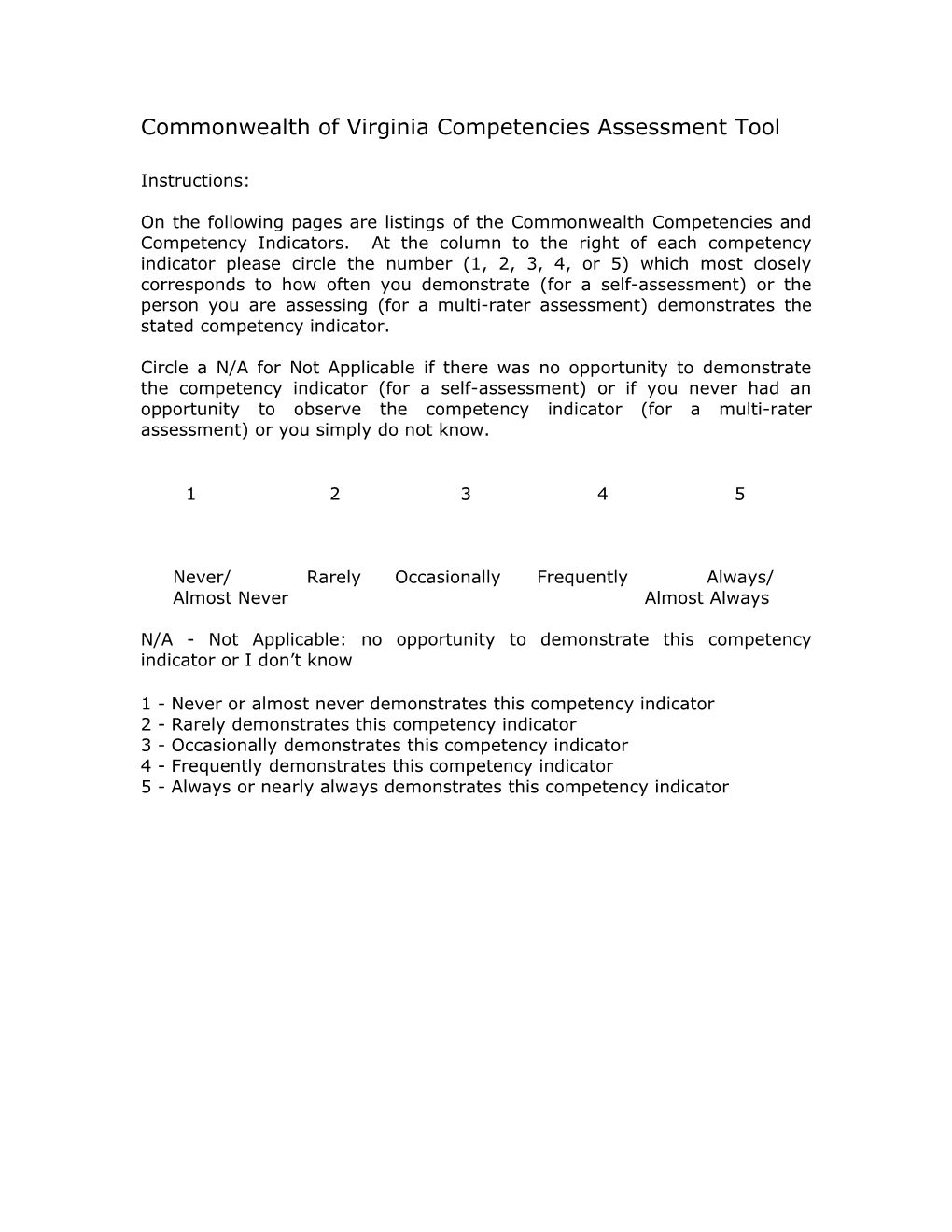 Commonwealth Of Virginia Competencies Assessment Tool