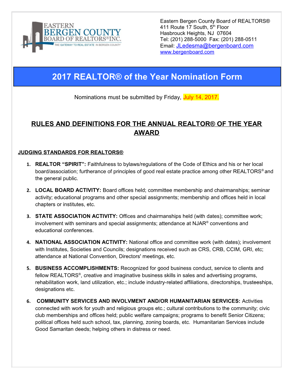 Rules and Definitions for the Annual Realtor of the Year Award