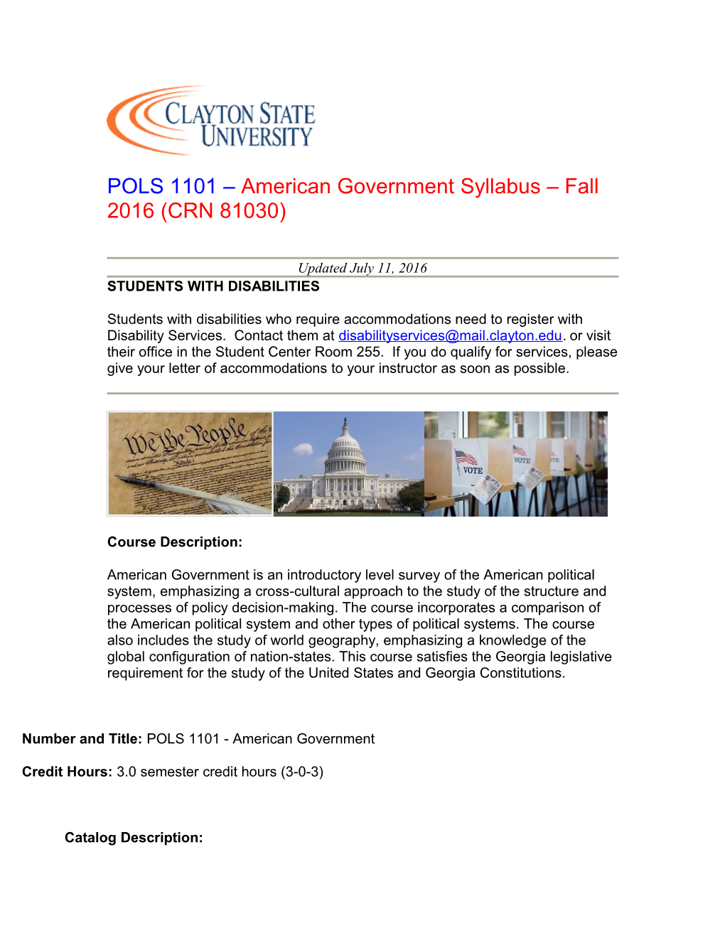POLS 1101 American Government Syllabus Fall 2016 (CRN 81030)
