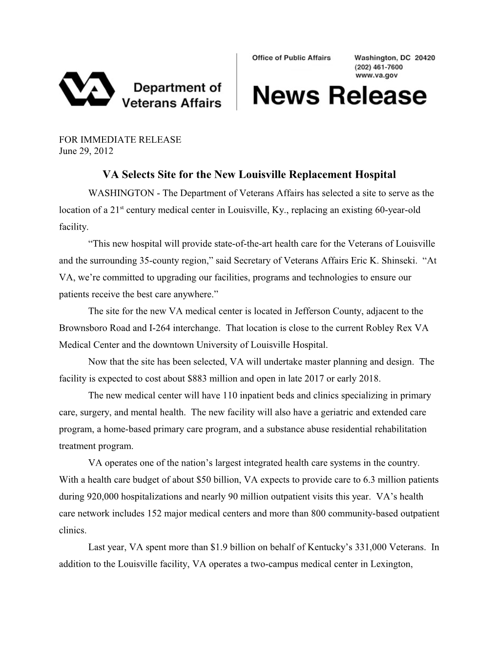 VA Selects Site for the New Louisville Replacement Hospital