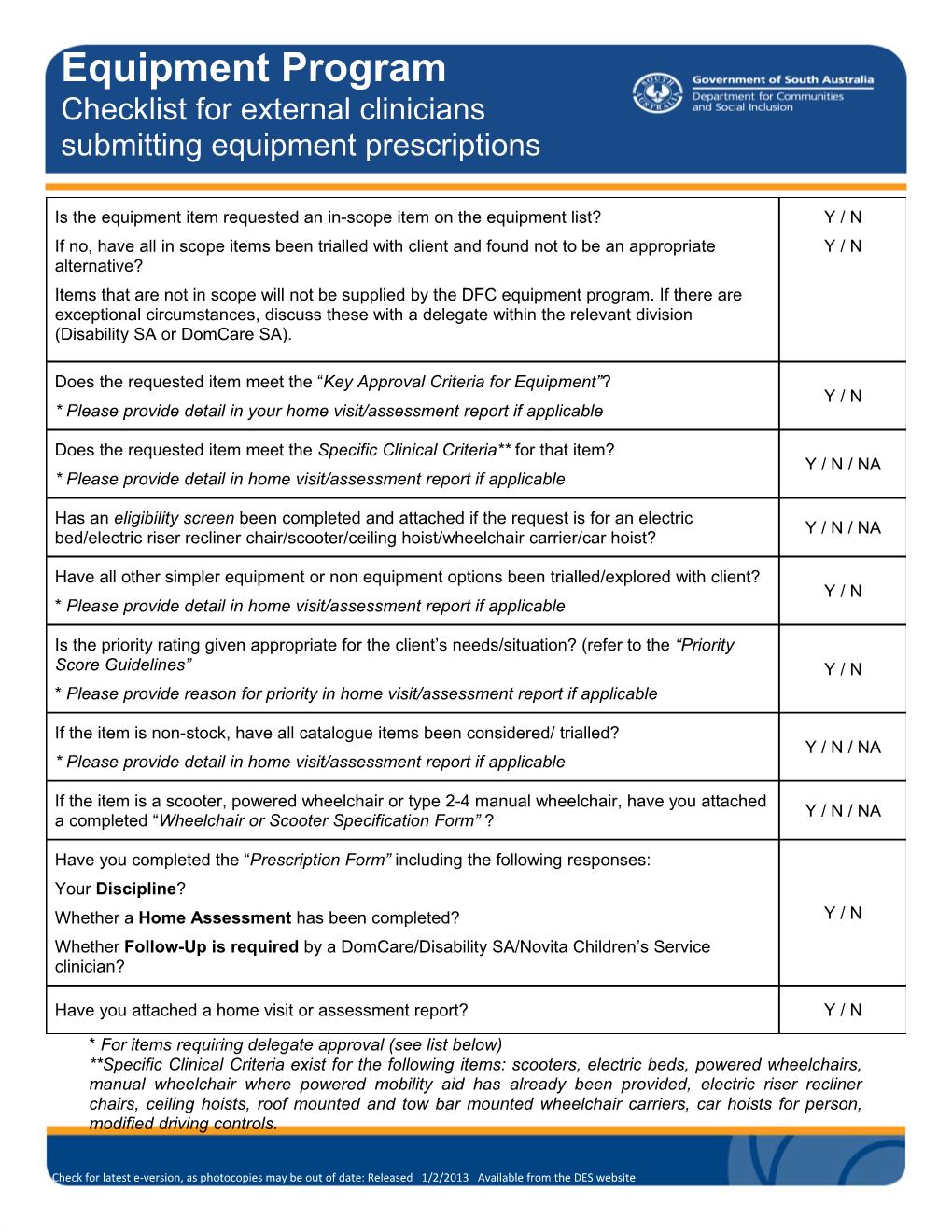 Checklist for External Clinicians Submitting Equipment Prescriptions