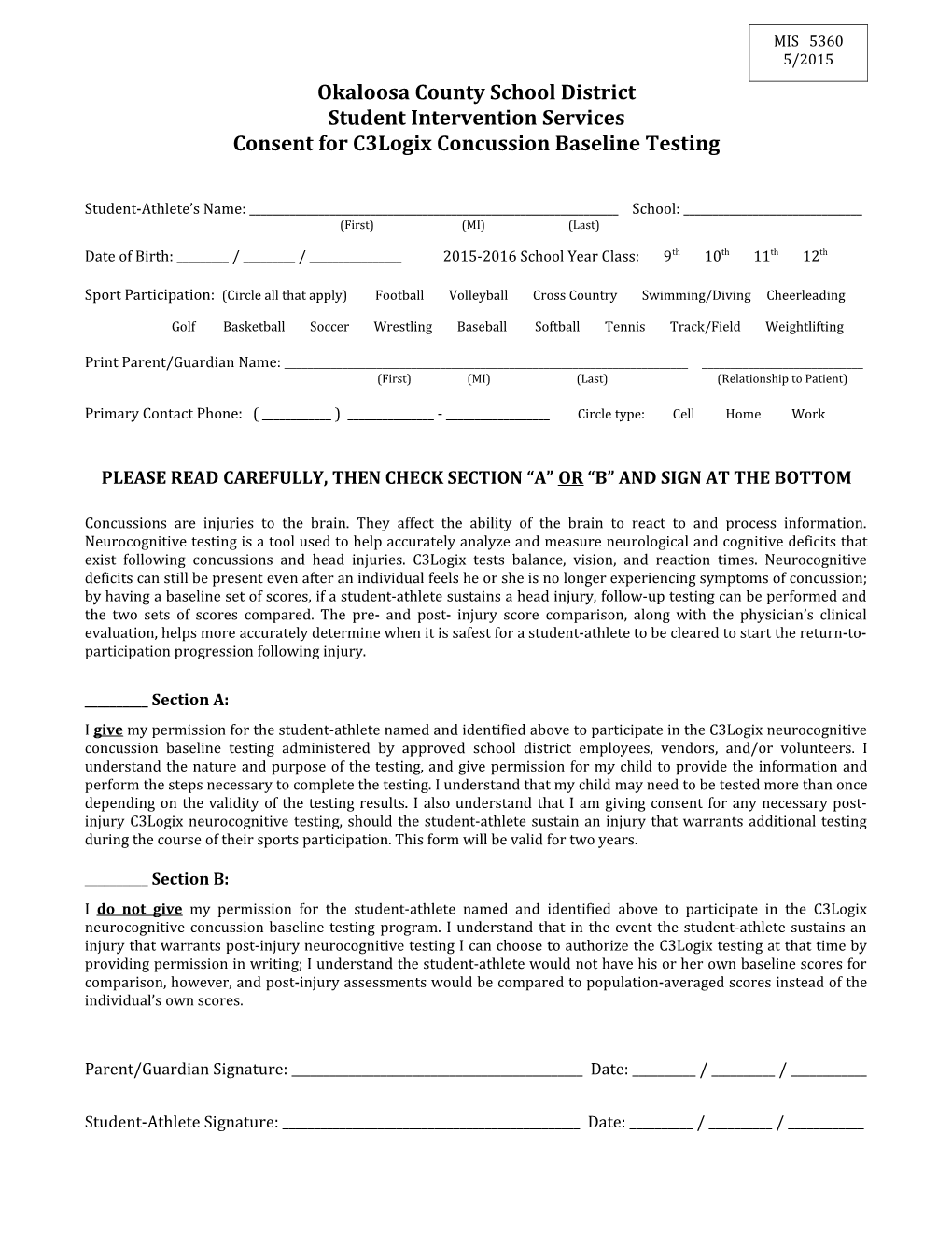 Escambia County Consent for C3logix Concussion Baseline Testing