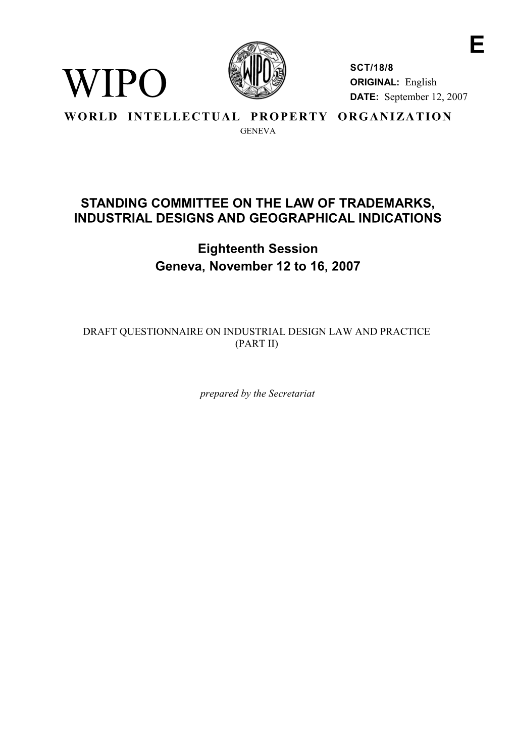 SCT/18/8: Draft Questionnaire on Industrial Design Law and Practice (Part II)