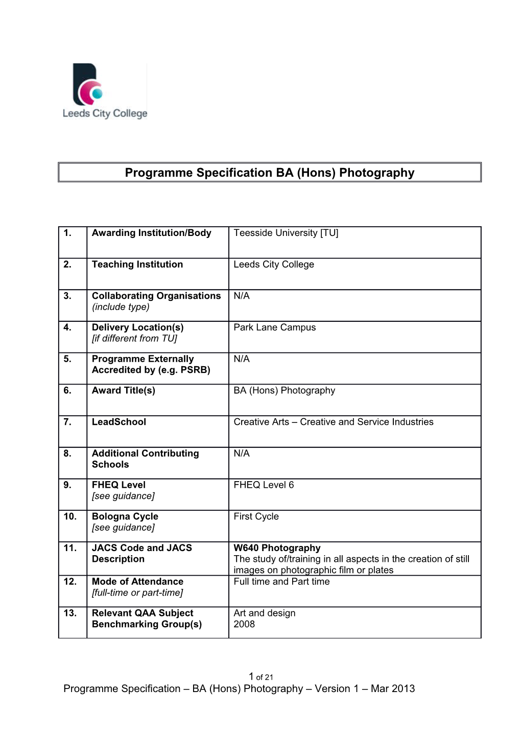 Programme Specification BA (Hons) Photography