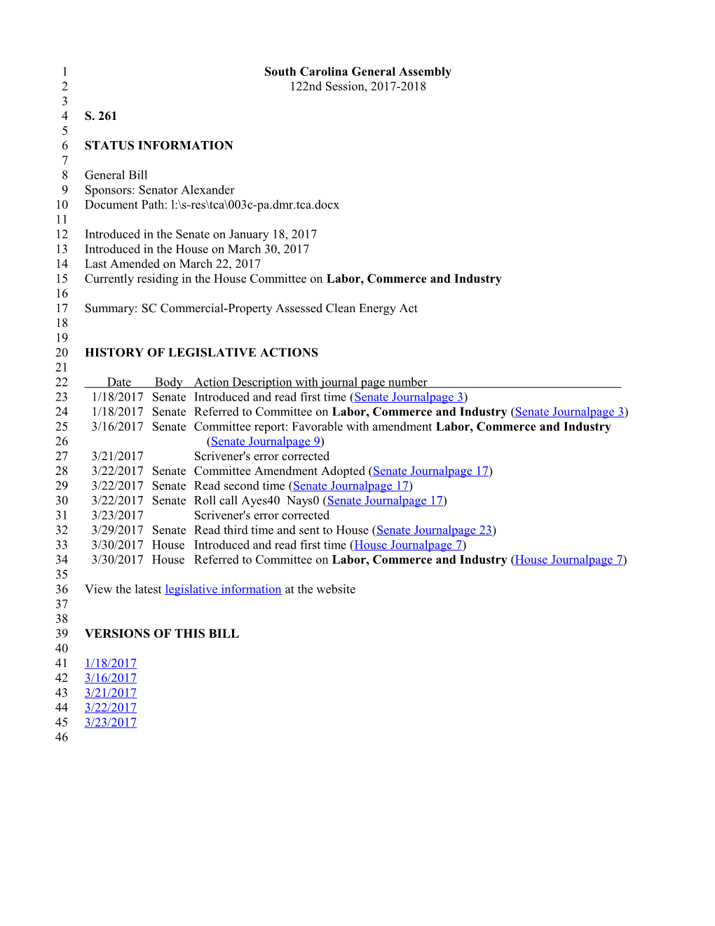 2017-2018 Bill 261: SC Commercial-Property Assessed Clean Energy Act - South Carolina