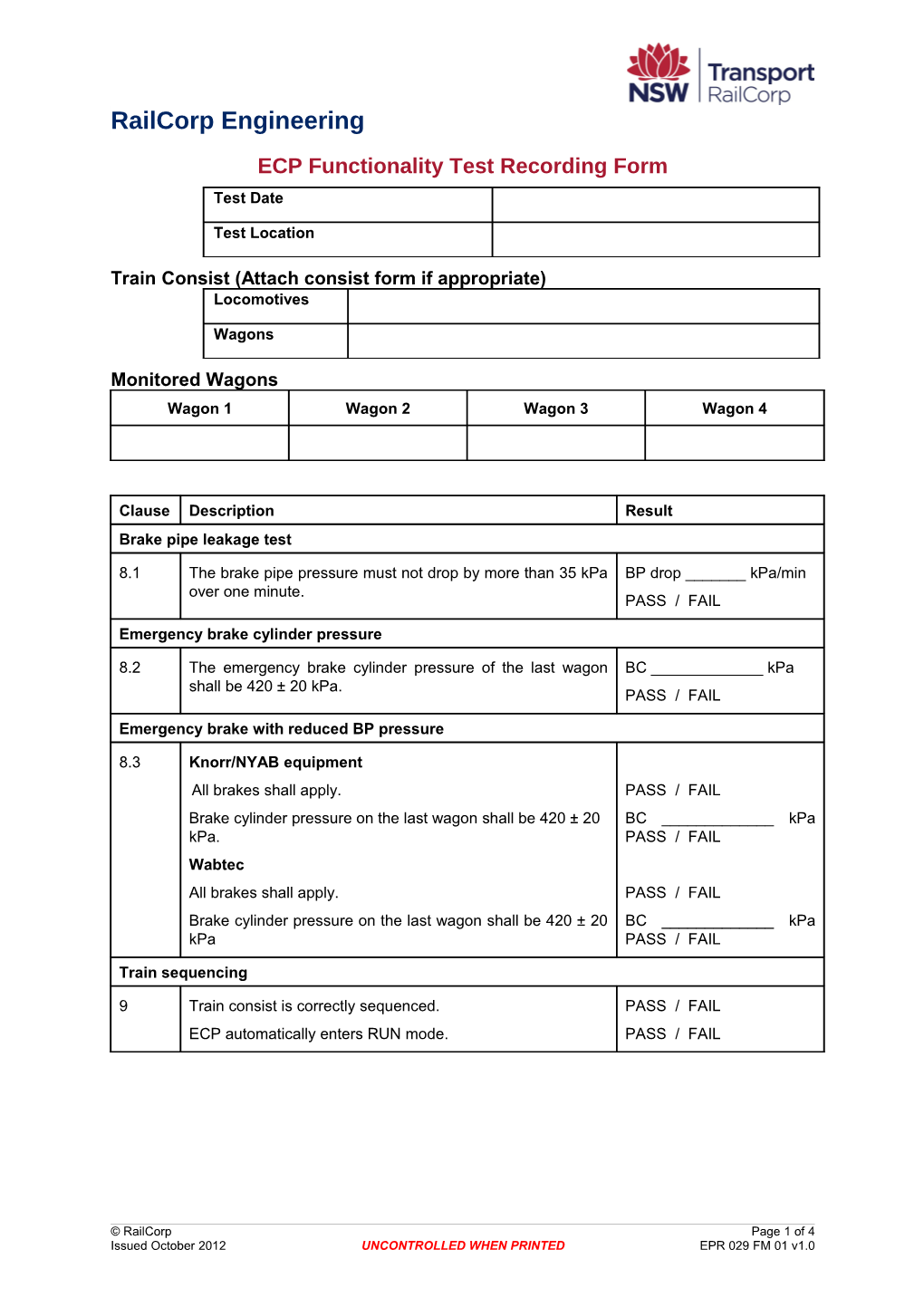 EPR 029 FM 01 ECP Functionality Test Recording Form