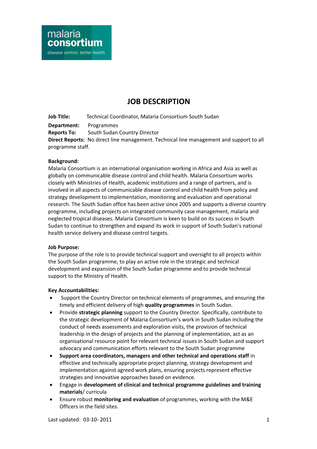 Job Title: Technical Coordinator, Malaria Consortium South Sudan