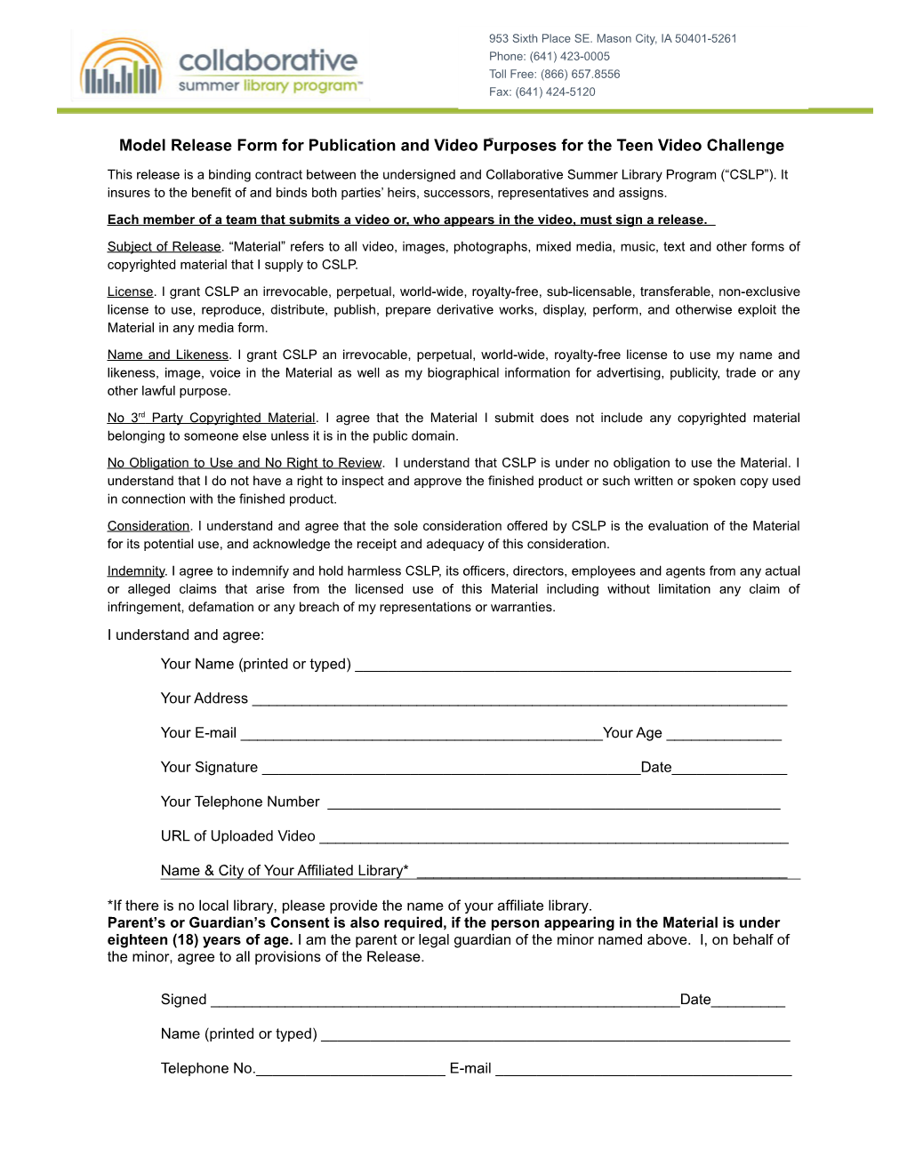Model Release Form for Publication and Video Purposes for the Teen Video Challenge