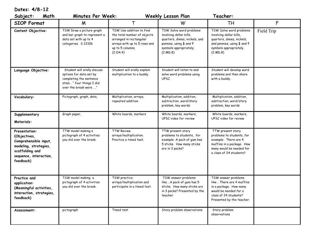 Subject:Math Minutes Per Week: Weekly Lesson Planteacher