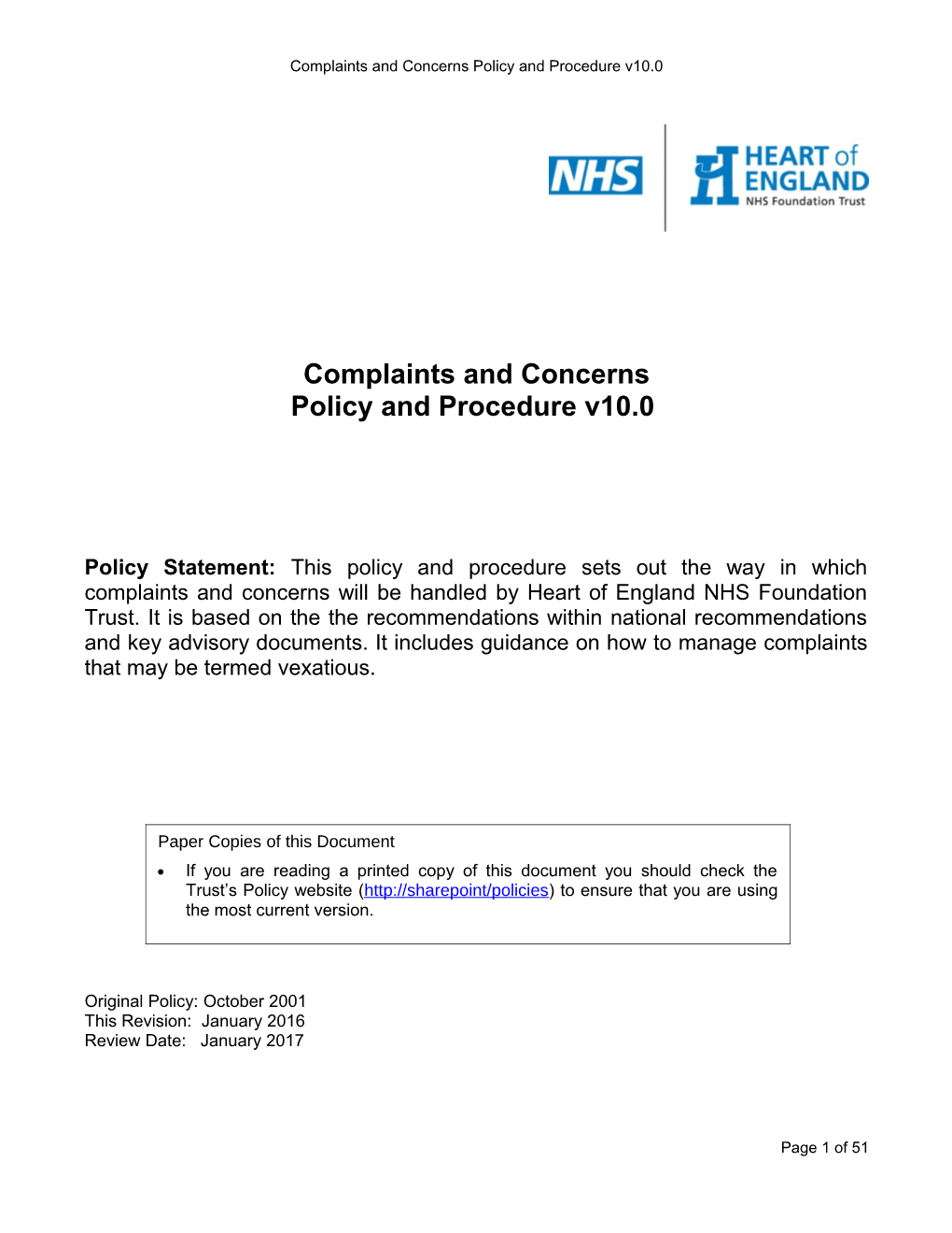 Complaints and Concerns Policy and Procedure V10.0