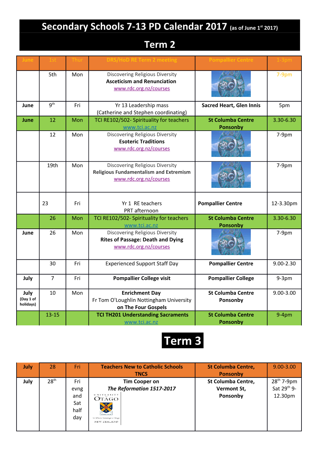 Secondary Schools7-13 PD Calendar 2017(As of June 1St2017)